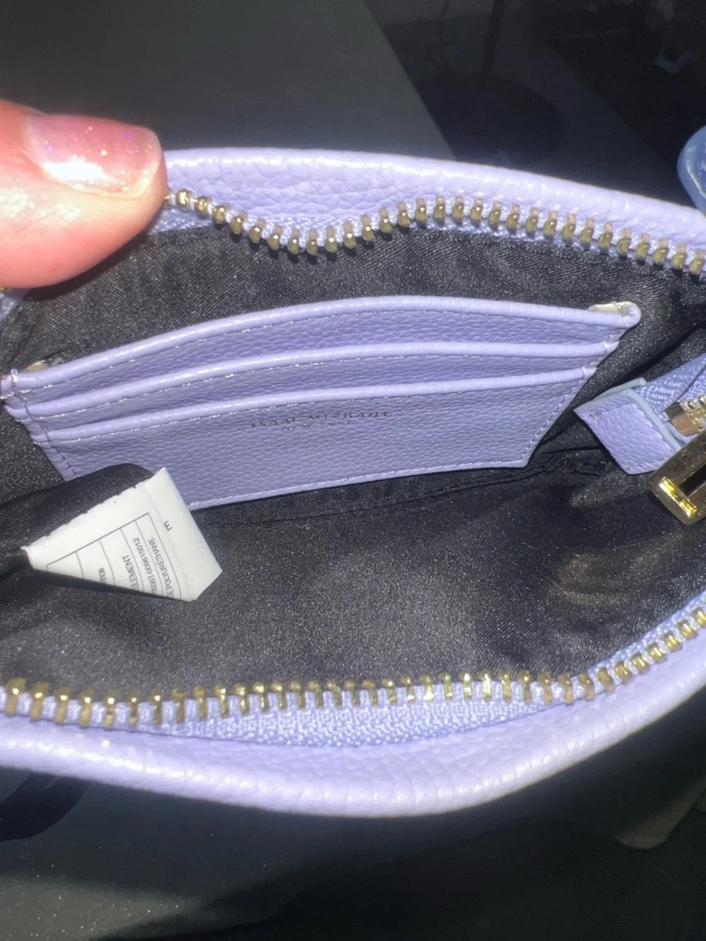Isaac Mizrahi Lavender Leather Wristlet with Navy Blue Strap